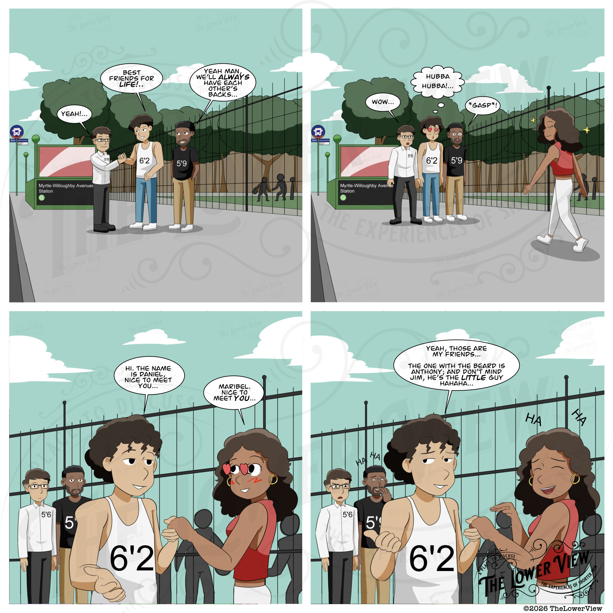 A friendship pact falls apart when a tall man belittles his shorter friend during an introduction to a woman.